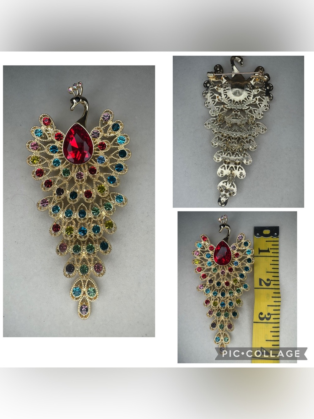 New Gold-Tone Multicolor Peacock Brooch with Red Center Stone